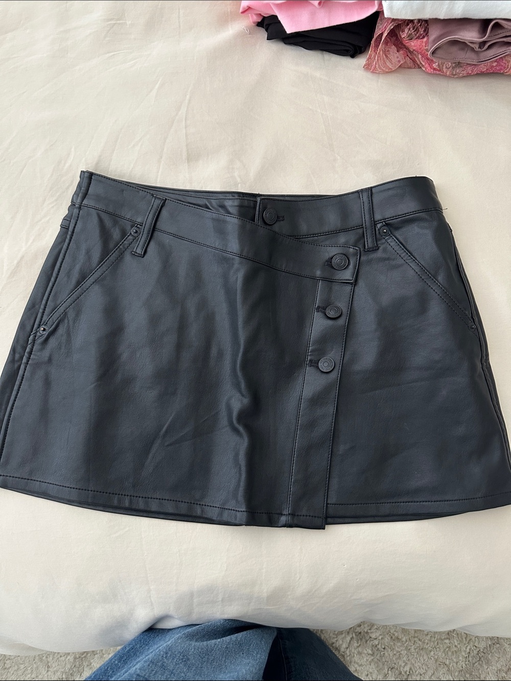We The Free Black Faux Leather Asymmetric Button Mini Skirt